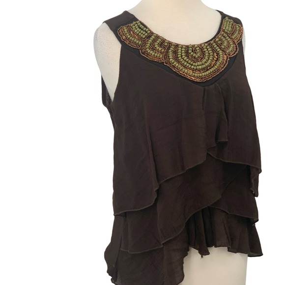 NWT Wrangler Women's Sleeveless Tank Top Brown Beaded Layered Ruffled Size M - Picture 2 of 8